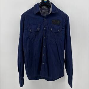 Affliction Blue Button Down Shirt Size Large Embroidered Spell Out y2k Grunge